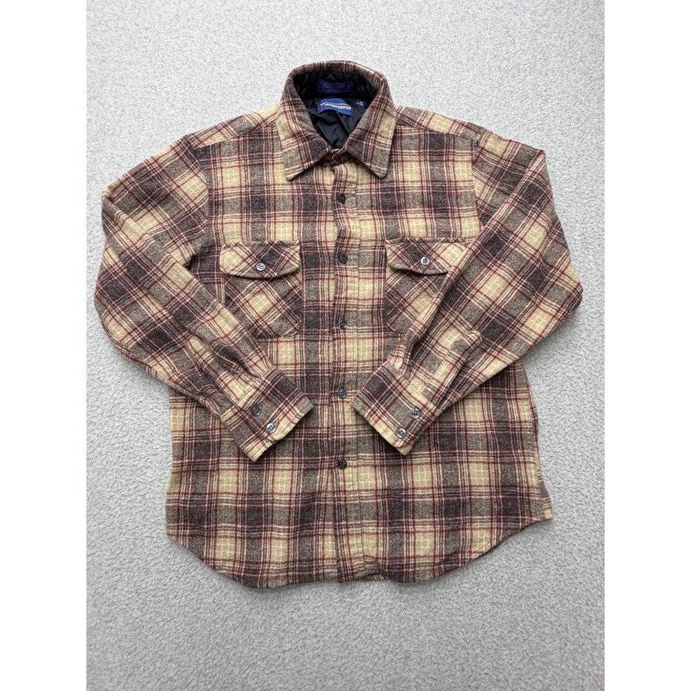 Vintage Windbreaker Shirt Jacket Mens Medium Beige Plaid Wool Quilted Workwear